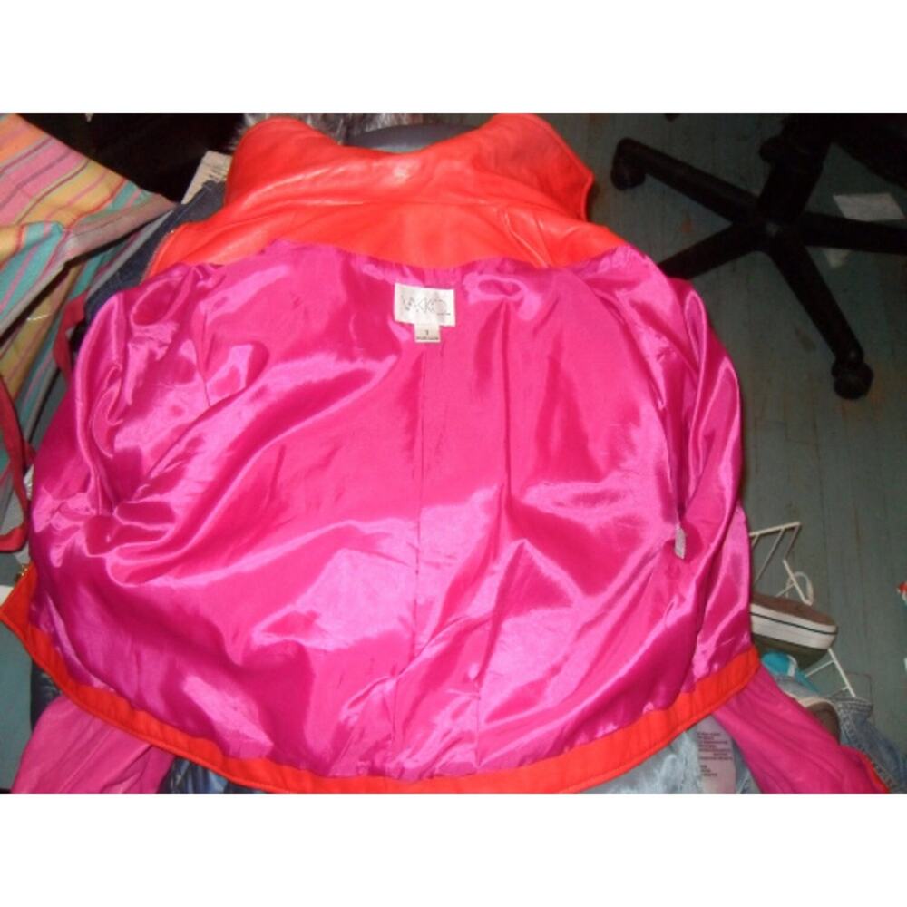VINTAGE 80's UNWORN VAKKO PINK/ORANGE GLOVE LEATHER JACKET MOD S - Picture 5 of 11